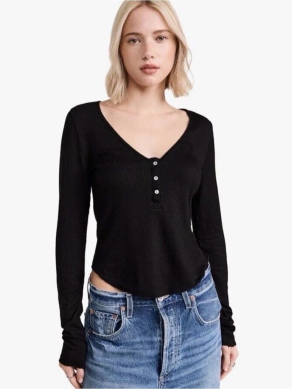 Free People Black Henley Long Sleeve Top Size Large Slouchy Layering Loungewear